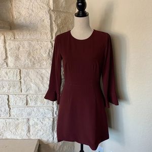 Burgundy fit flare dress with flutter cuffs